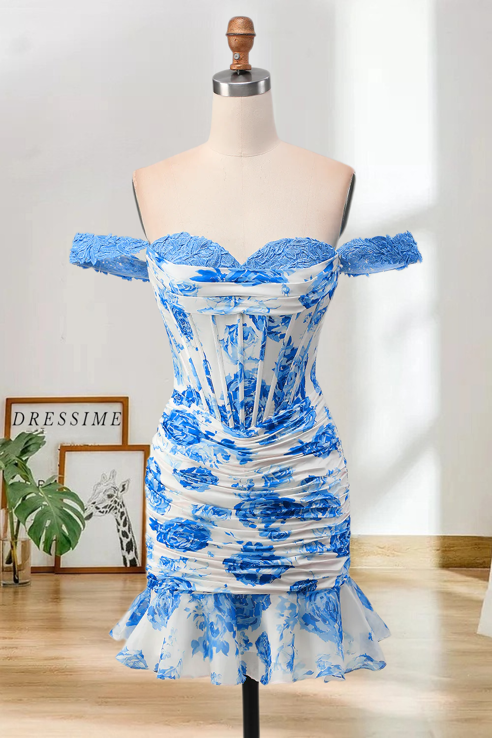 Dressime Fitted Off the Shoulder Corset Printed Mini Homecoming Dress with Ruffles