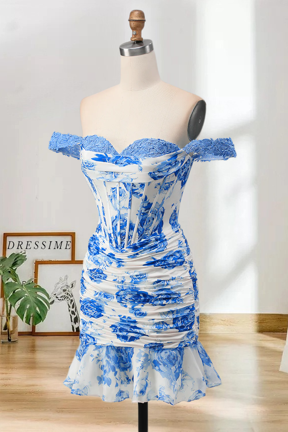Dressime Fitted Off the Shoulder Corset Printed Mini Homecoming Dress with Ruffles