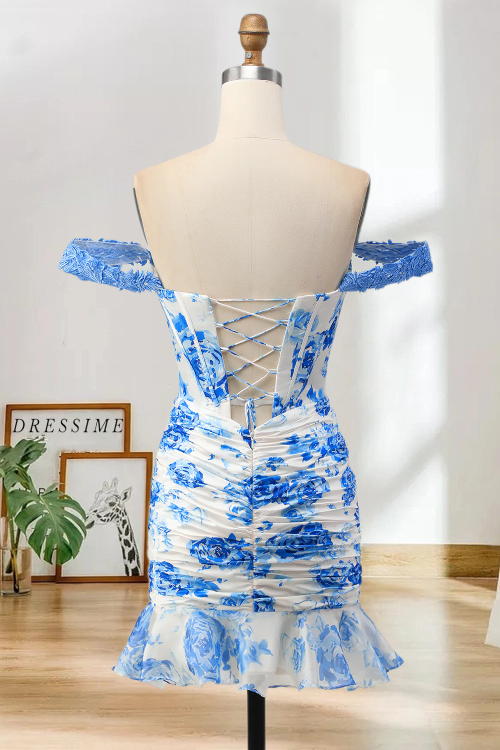 Dressime Fitted Off the Shoulder Corset Printed Mini Homecoming Dress with Ruffles