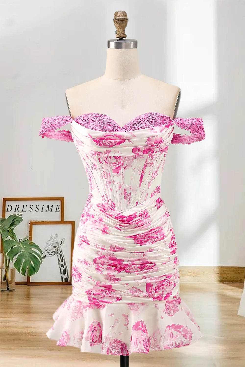 Dressime Fitted Off the Shoulder Corset Printed Mini Homecoming Dress with Ruffles