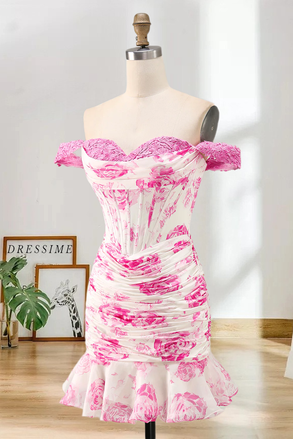 Dressime Fitted Off the Shoulder Corset Printed Mini Homecoming Dress with Ruffles