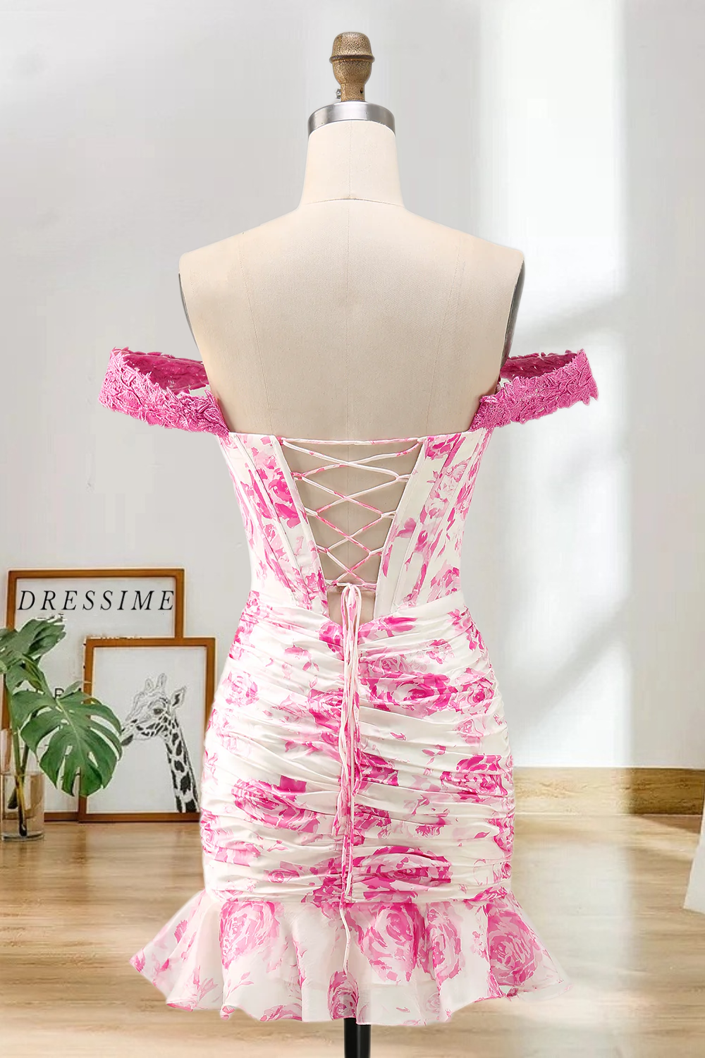Dressime Fitted Off the Shoulder Corset Printed Mini Homecoming Dress with Ruffles