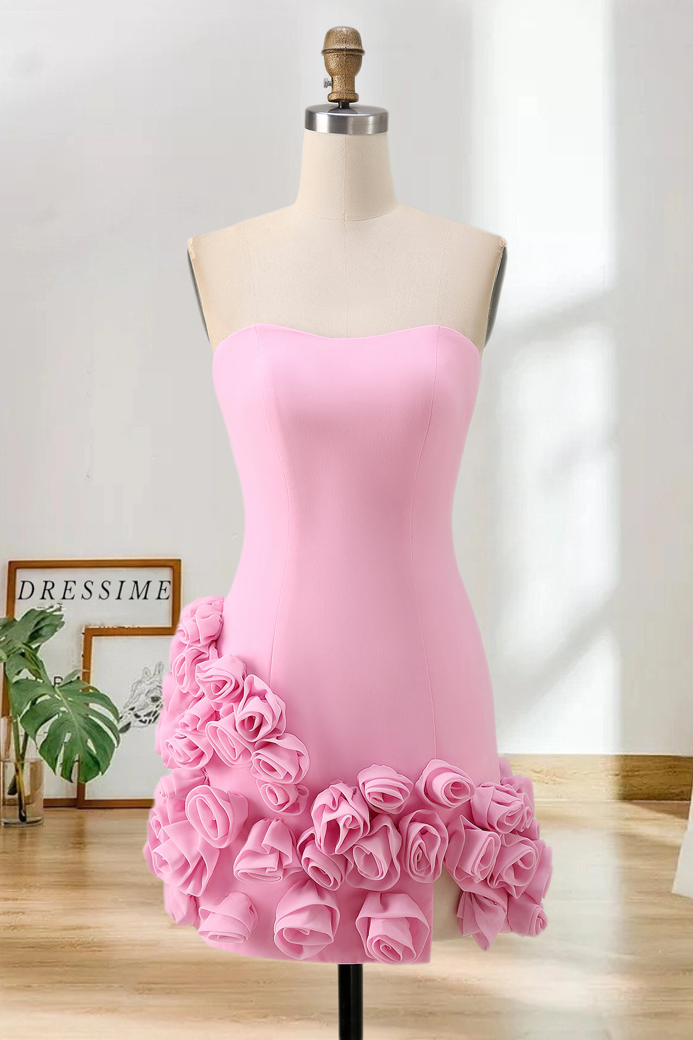 Dressime Fitted Strapless 3D Flowers Mini Cocktail Dress