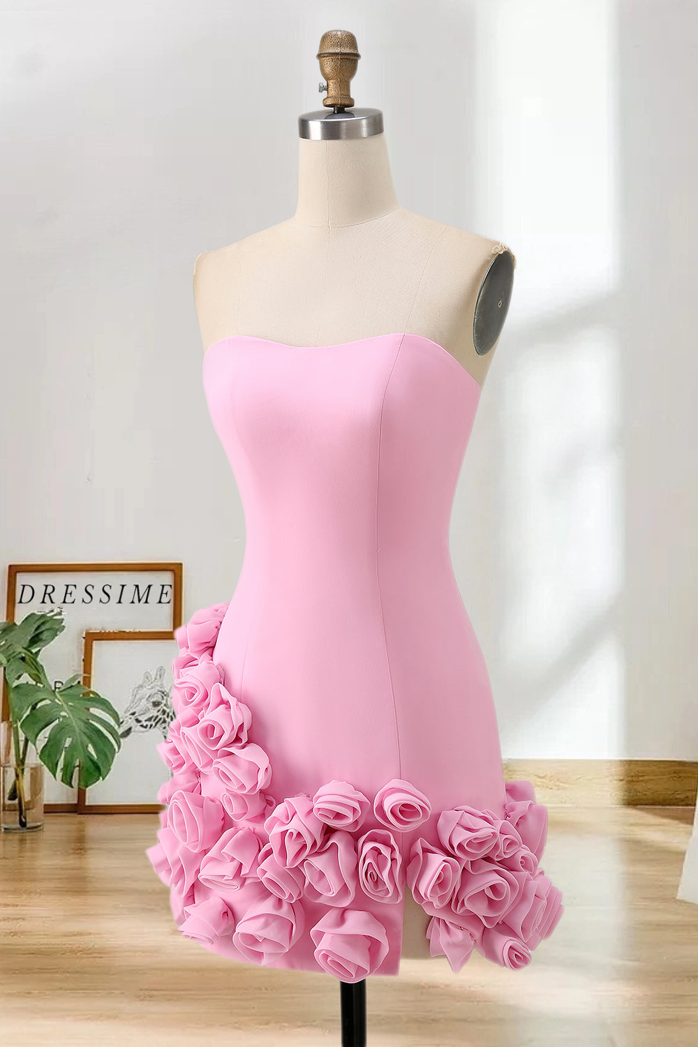 Dressime Fitted Strapless 3D Flowers Mini Cocktail Dress