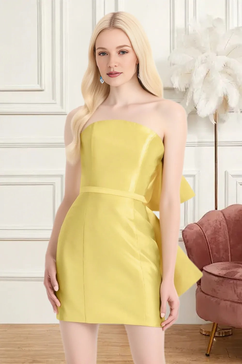 Dressime Woman's Short Yellow Homecoming Dress Fitted Strapless Bow Back Satin Mini Cocktail Dress dressime Dressime Woman's Short Yellow Homecoming Dress Fitted Strapless Bow Back Satin Mini Cocktail Dress dressime