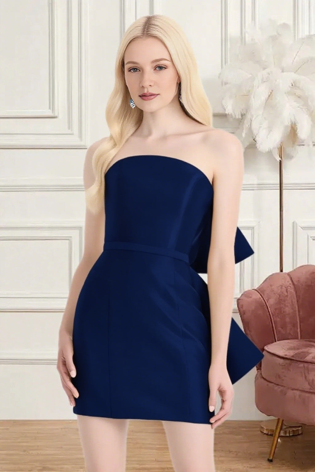 Dressime Fitted Strapless Bow Back Satin Mini Homecoming Dress