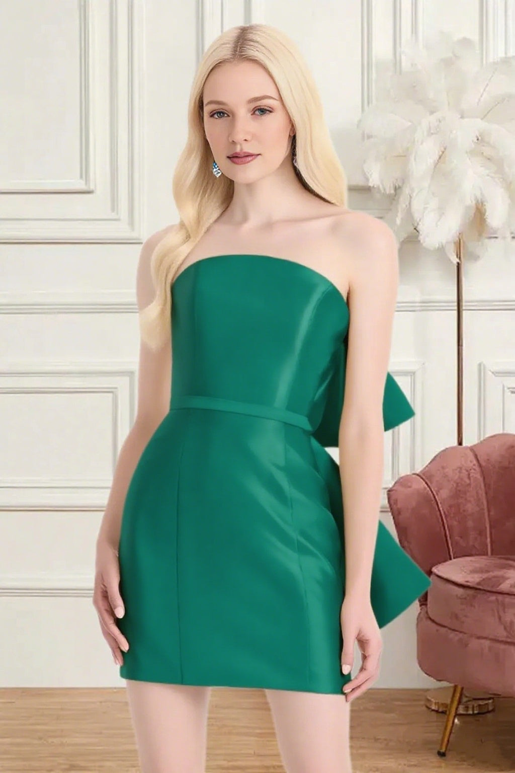 Dressime Fitted Strapless Bow Back Satin Mini Homecoming Dress