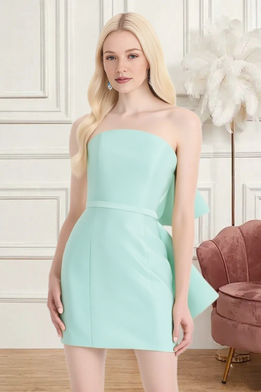 Dressime Fitted Strapless Bow Back Satin Mini Homecoming Dress