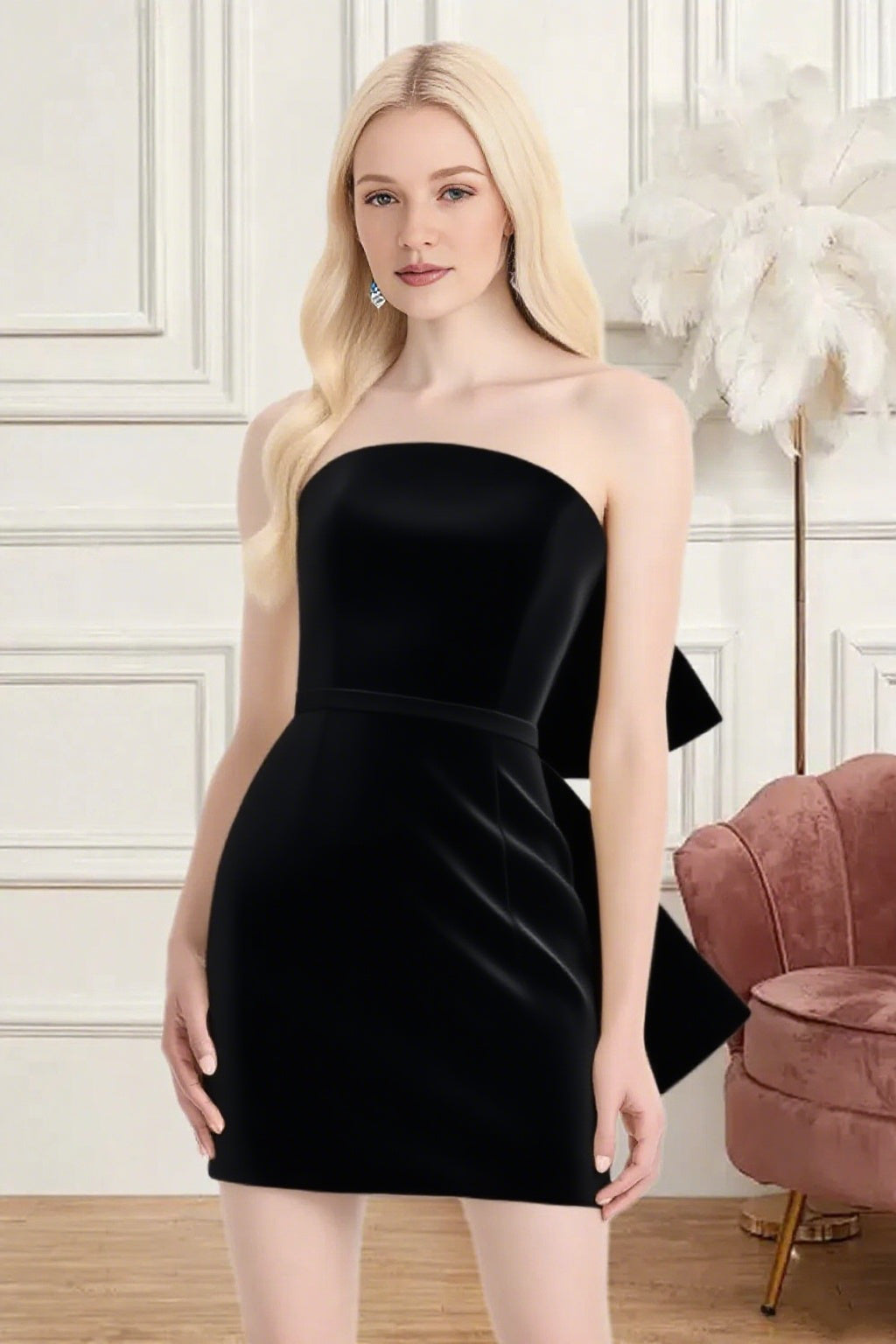 Dressime Fitted Strapless Bow Back Satin Mini Homecoming Dress