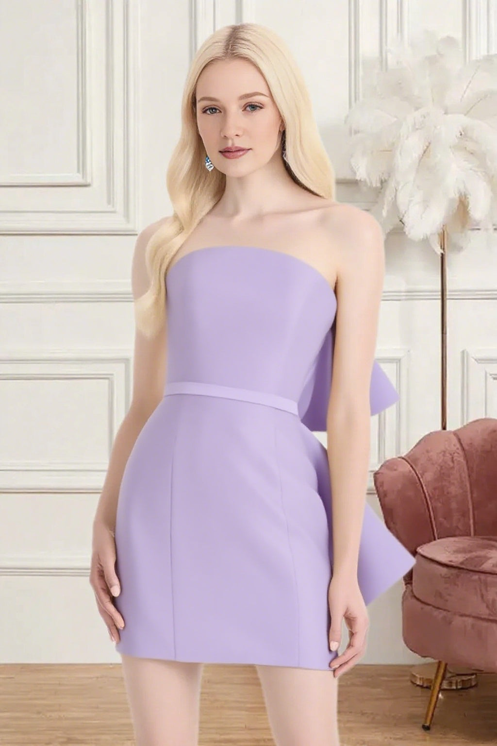Dressime Fitted Strapless Bow Back Satin Mini Homecoming Dress