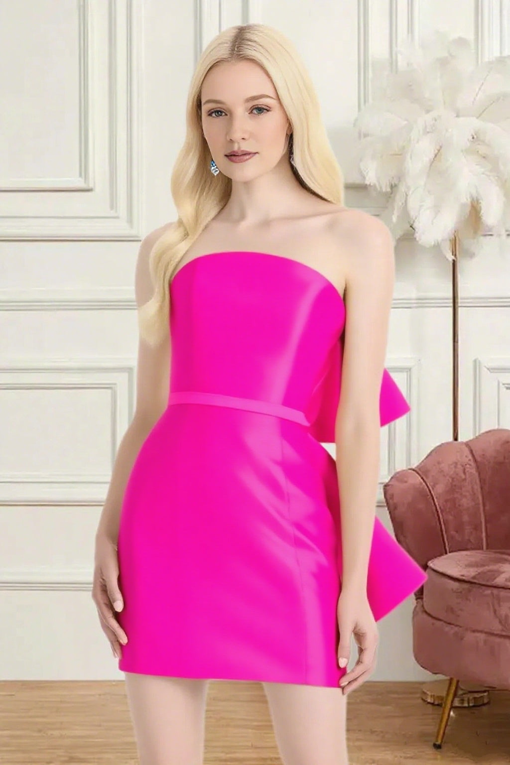Dressime Fitted Strapless Bow Back Satin Mini Homecoming Dress