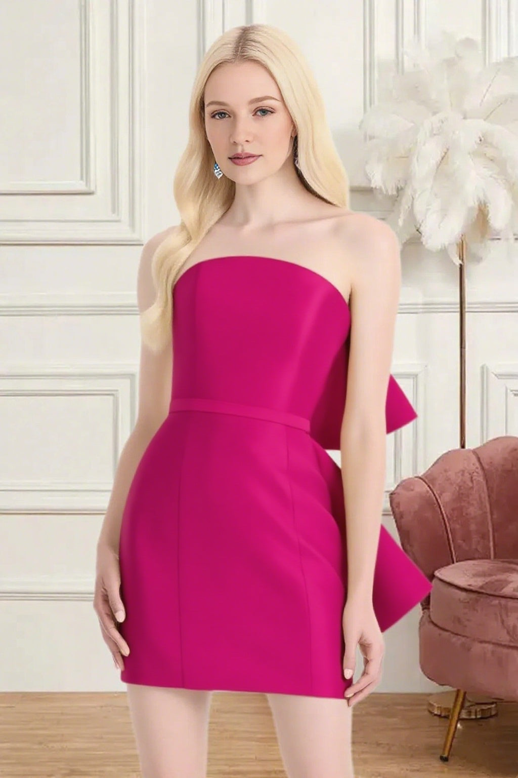 Dressime Fitted Strapless Bow Back Satin Mini Homecoming Dress