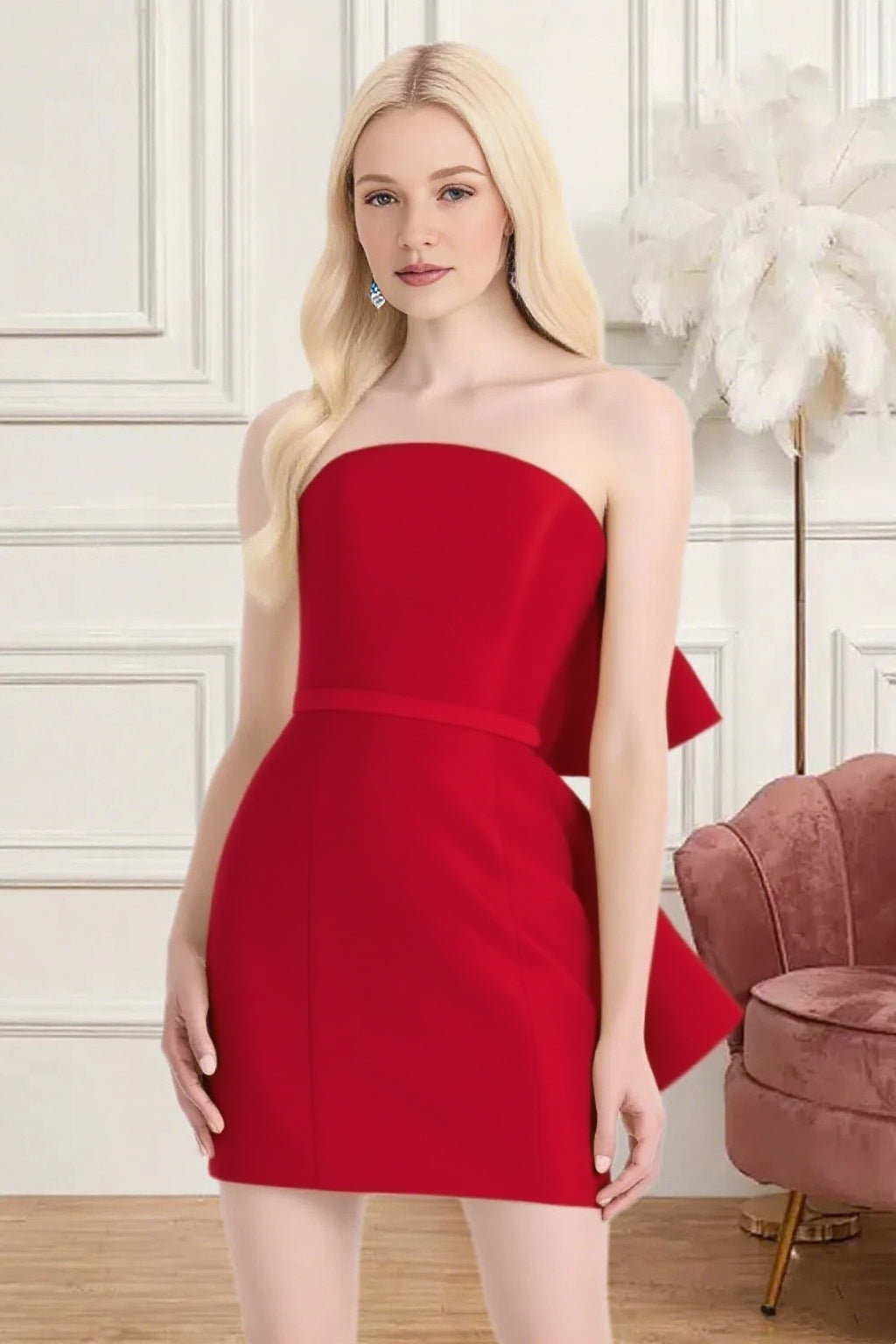 Dressime Fitted Strapless Bow Back Satin Mini Homecoming Dress