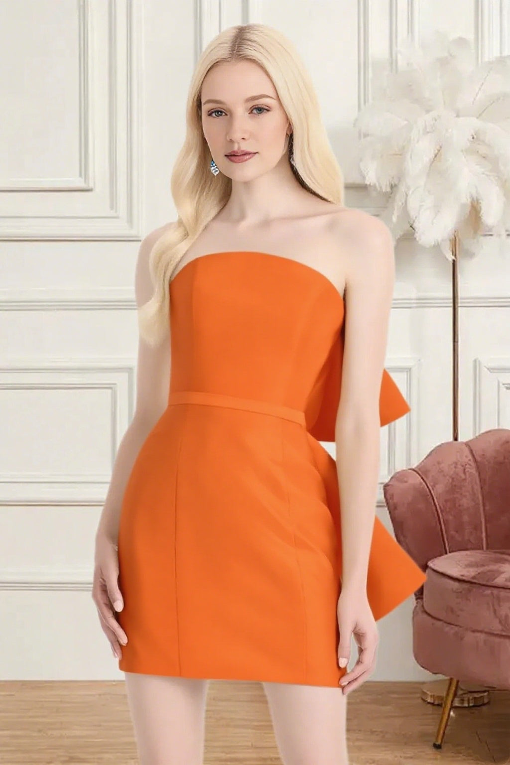 Dressime Fitted Strapless Bow Back Satin Mini Homecoming Dress