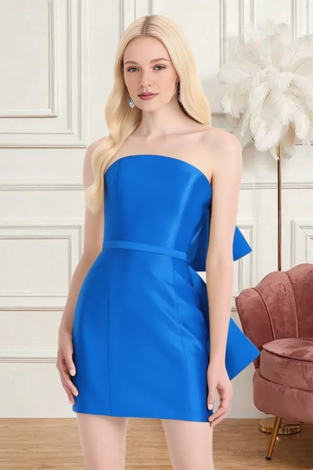 Dressime Fitted Strapless Bow Back Satin Mini Homecoming Dress