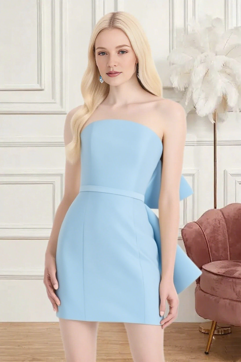 Dressime Fitted Strapless Bow Back Satin Mini Homecoming Dress