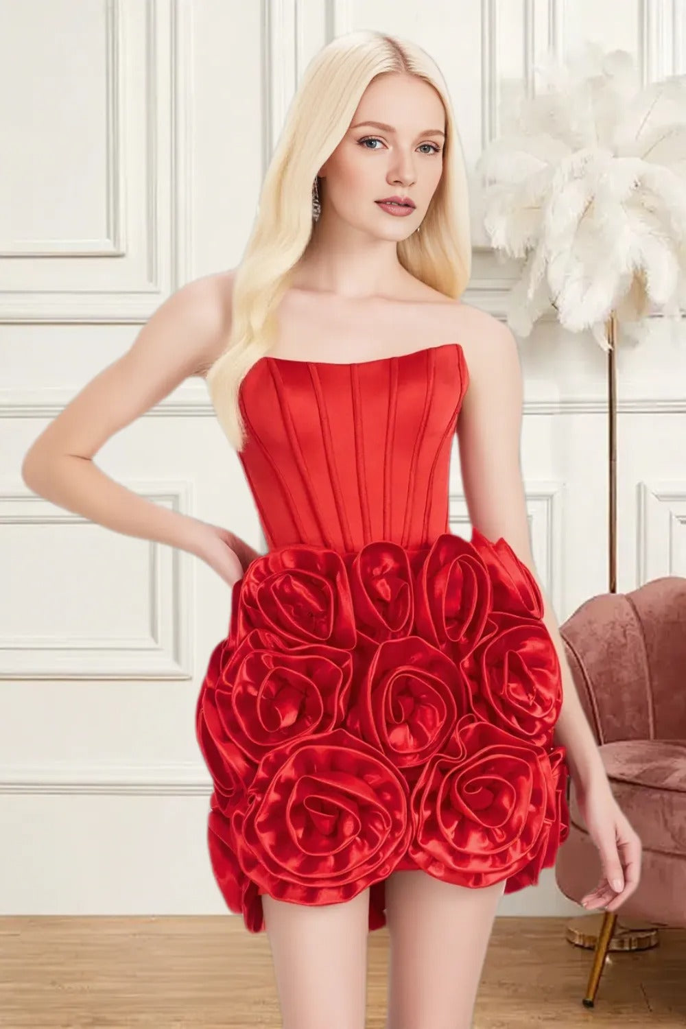 Dressime Woman's Short Red Homecoming Dress Fitted Strapless Corset Satin 3D Flowers Cocktail Dress dressime Dressime Woman's Short Red Homecoming Dress Fitted Strapless Corset Satin 3D Flowers Cocktail Dress dressime