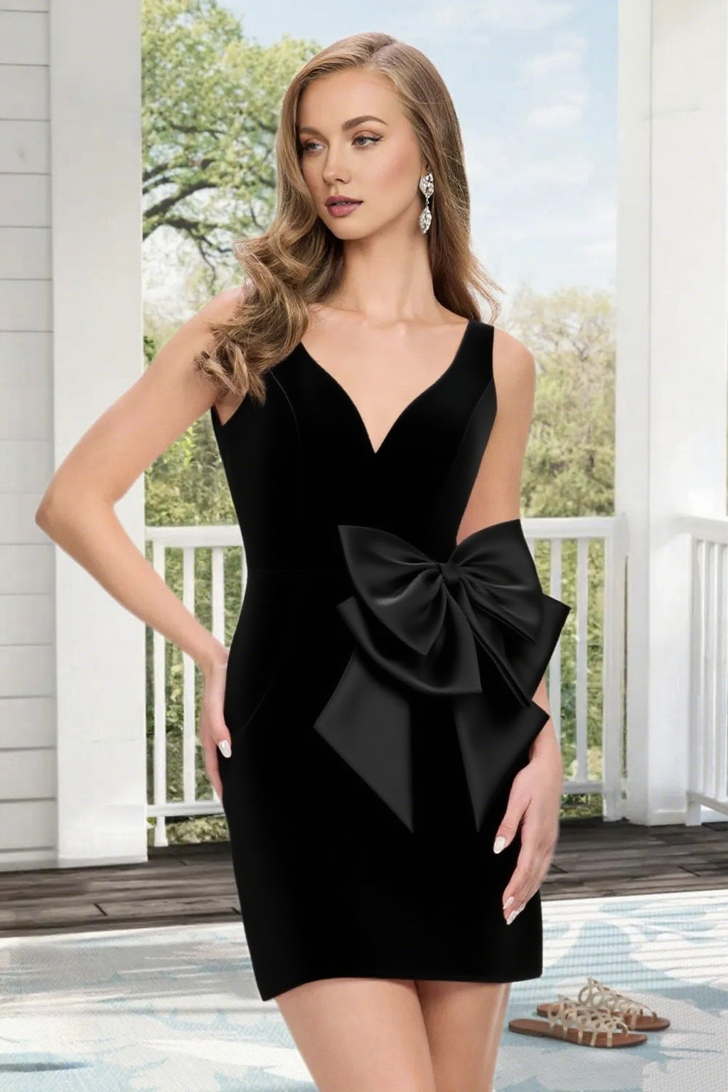 Dressime Fitted V Neck Bow Satin Mini Homecoming Dress