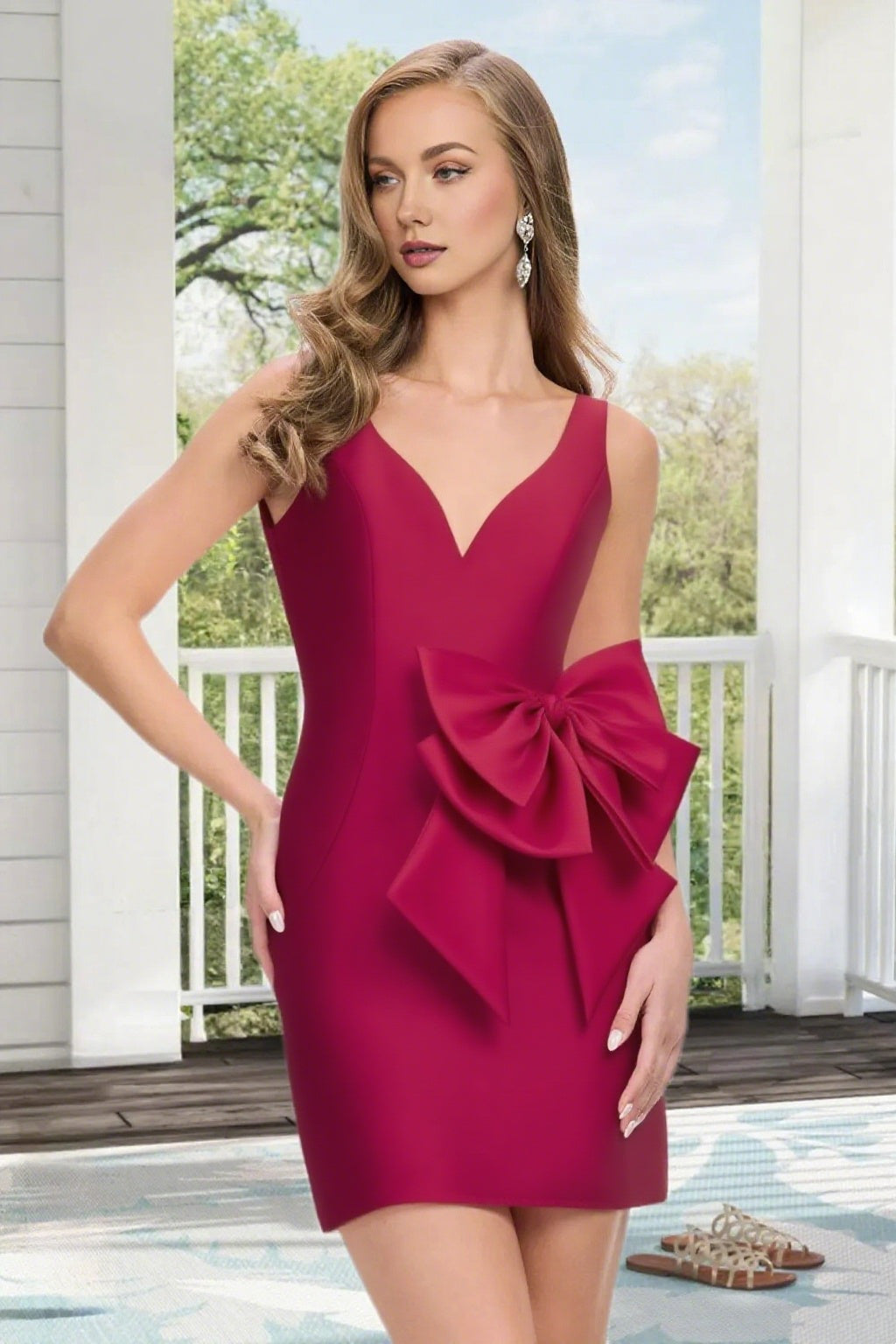 Dressime Fitted V Neck Bow Satin Mini Homecoming Dress