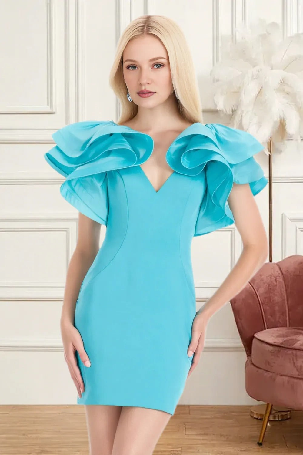 Dressime Woman's Vintage Blue Homecoming Dress Fitted V Neck Ruffle Sleeve Mini Cocktail Dress dressime Dressime Woman's Vintage Blue Homecoming Dress Fitted V Neck Ruffle Sleeve Mini Cocktail Dress dressime