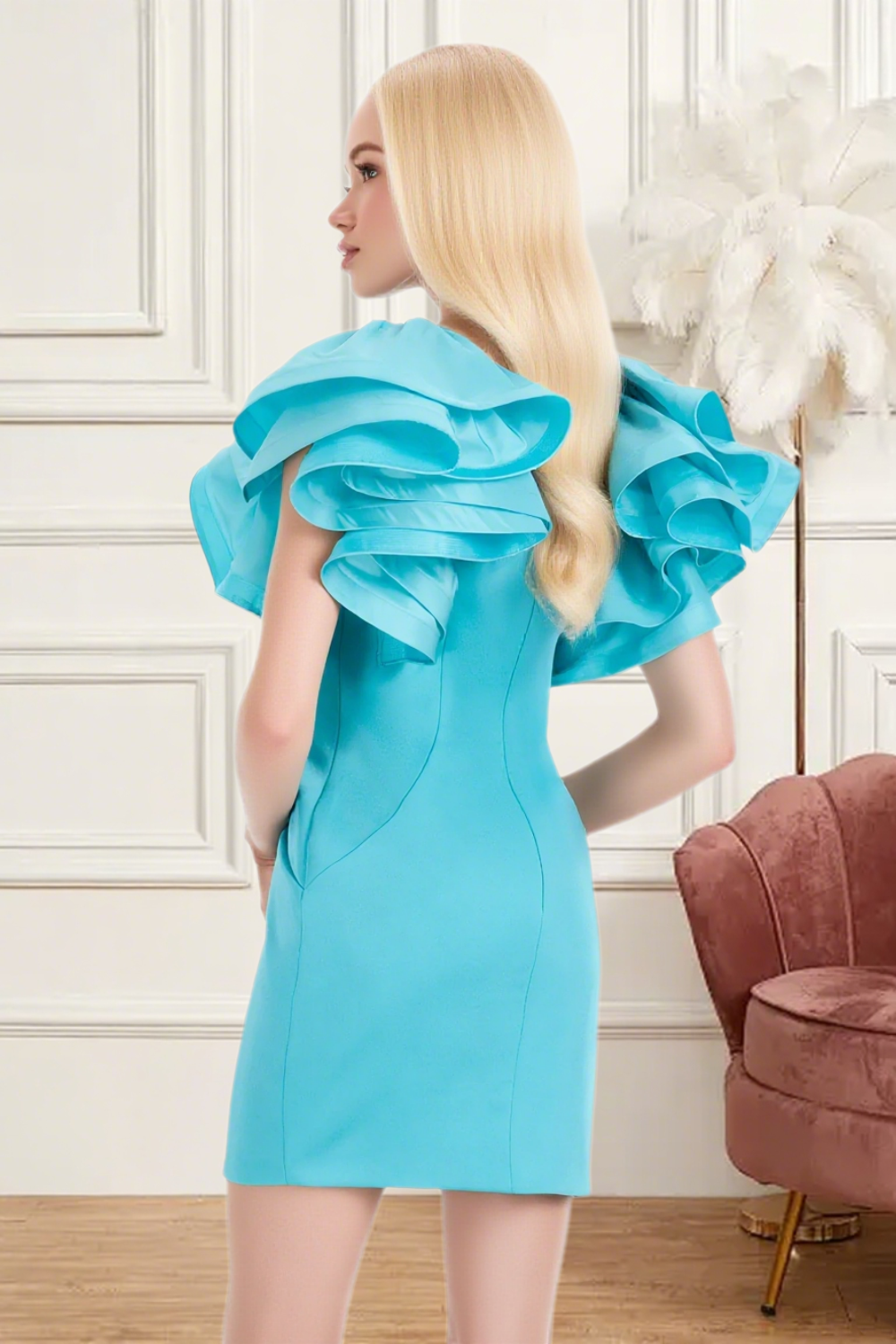 Dressime Fitted V Neck Ruffle Sleeve Mini Homecoming Dress