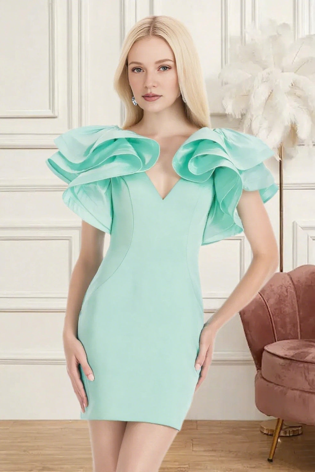 Dressime Fitted V Neck Ruffle Sleeve Mini Homecoming Dress