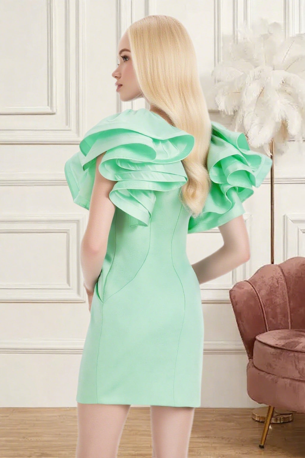 Dressime Fitted V Neck Ruffle Sleeve Mini Homecoming Dress
