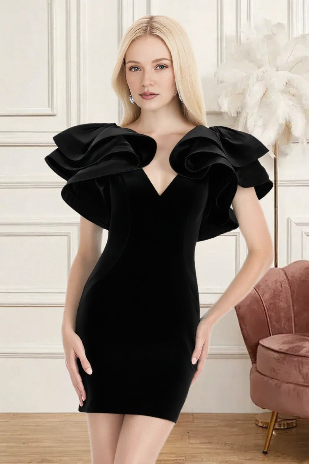 Dressime Fitted V Neck Ruffle Sleeve Mini Homecoming Dress