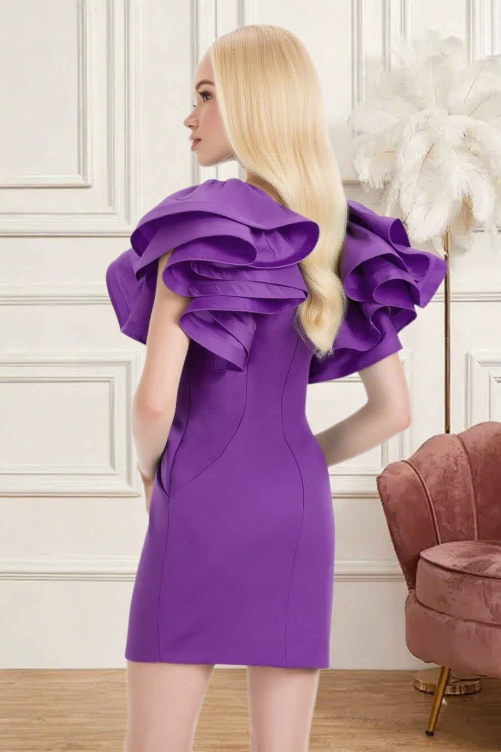 Dressime Fitted V Neck Ruffle Sleeve Mini Homecoming Dress