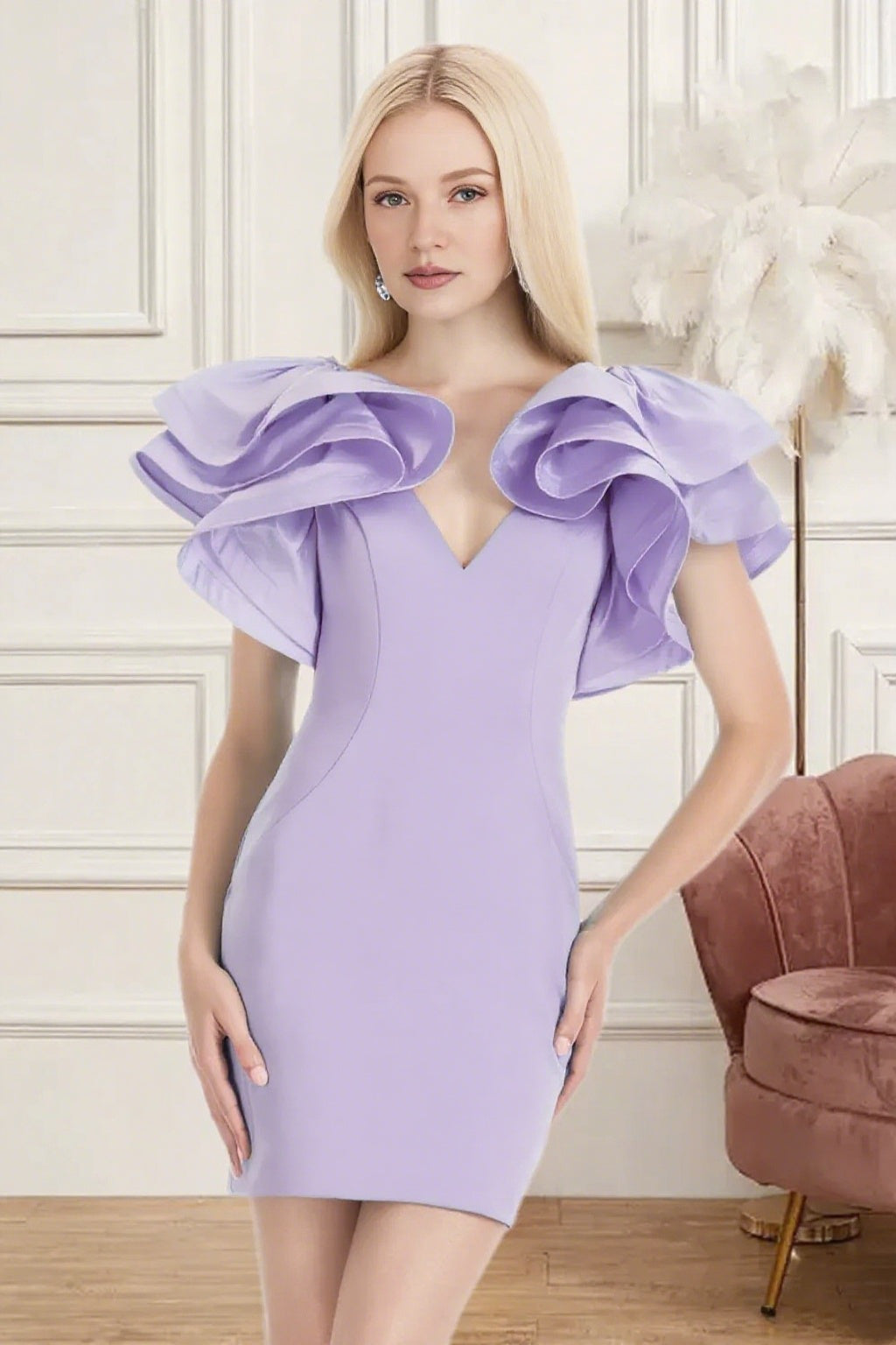 Dressime Fitted V Neck Ruffle Sleeve Mini Homecoming Dress