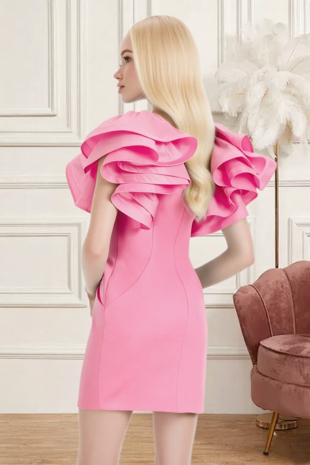 Dressime Fitted V Neck Ruffle Sleeve Mini Homecoming Dress