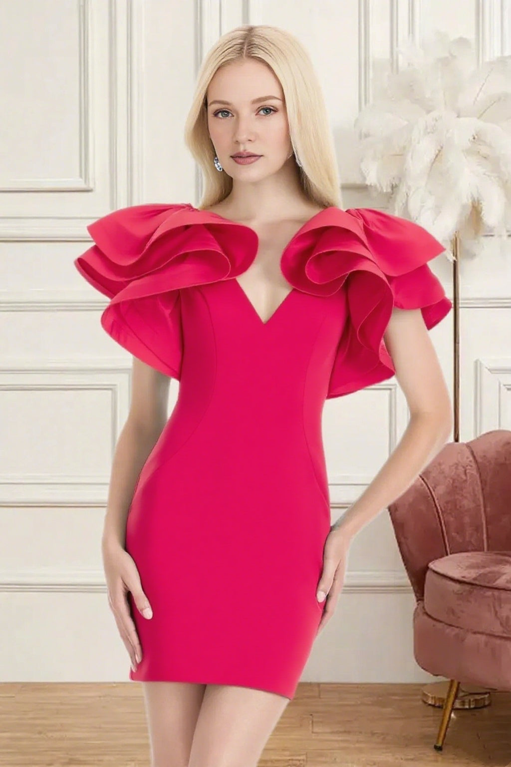 Dressime Fitted V Neck Ruffle Sleeve Mini Homecoming Dress