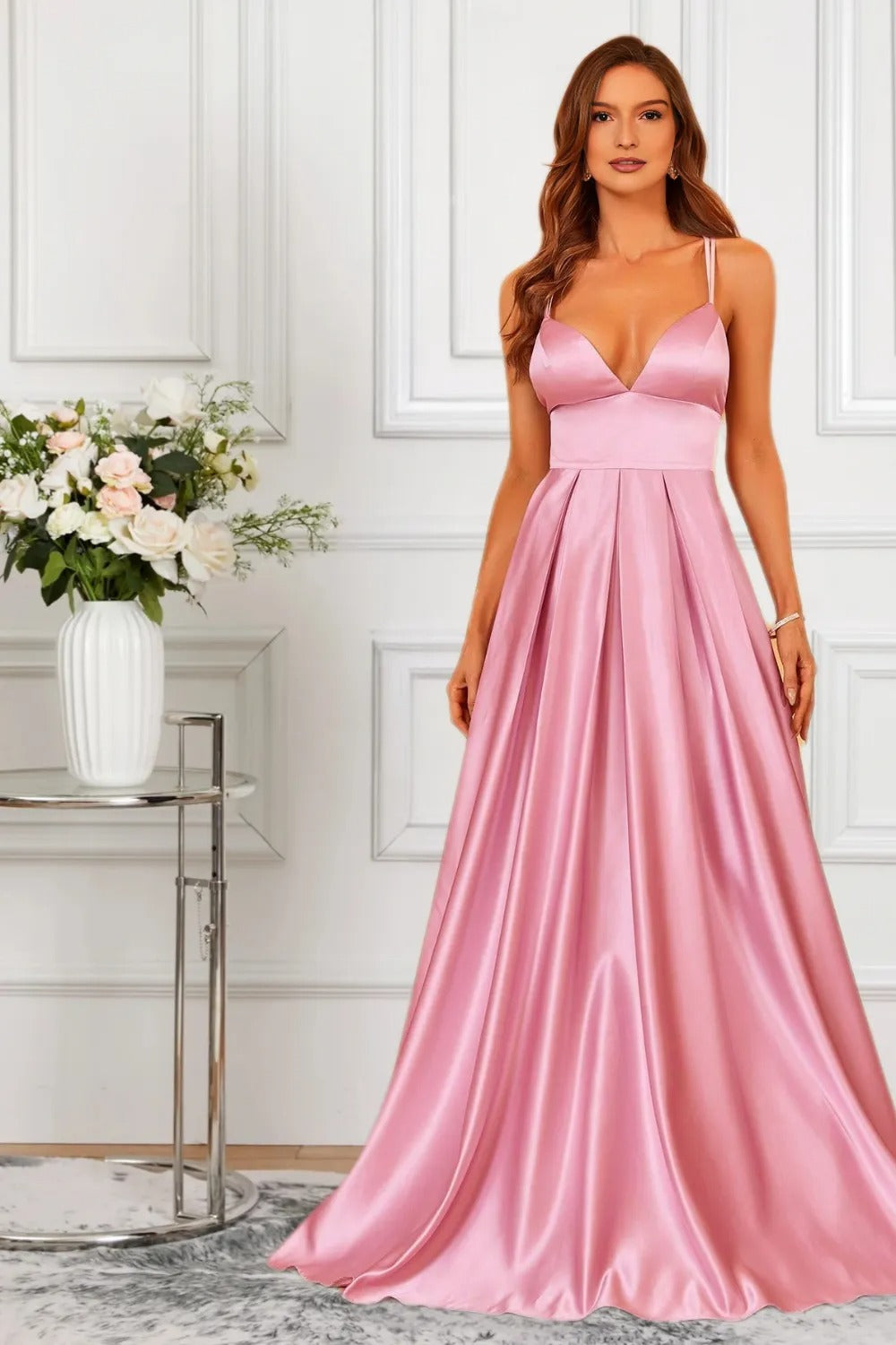 Dressime Women Pink Formal Dress Flowing A Line Spaghetti Straps Satin Slit Long Party Dress dressime Dressime Women Pink Formal Dress Flowing A Line Spaghetti Straps Satin Slit Long Party Dress dressime