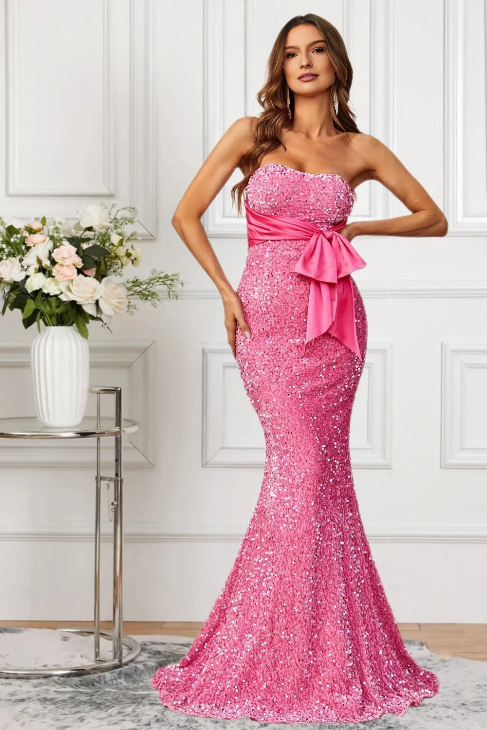 Dressime Women Glittery Pink Formal Dress Mermaid Strapless Sequin Prom Dress With Bow dressime Dressime Women Glittery Pink Formal Dress Mermaid Strapless Sequin Prom Dress With Bow dressime