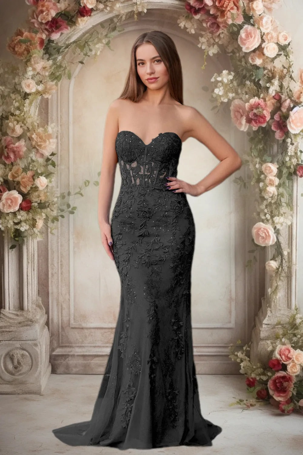 Dressime Lace Sweetheart Sleeveless Mermaid Appliques Prom Dresses