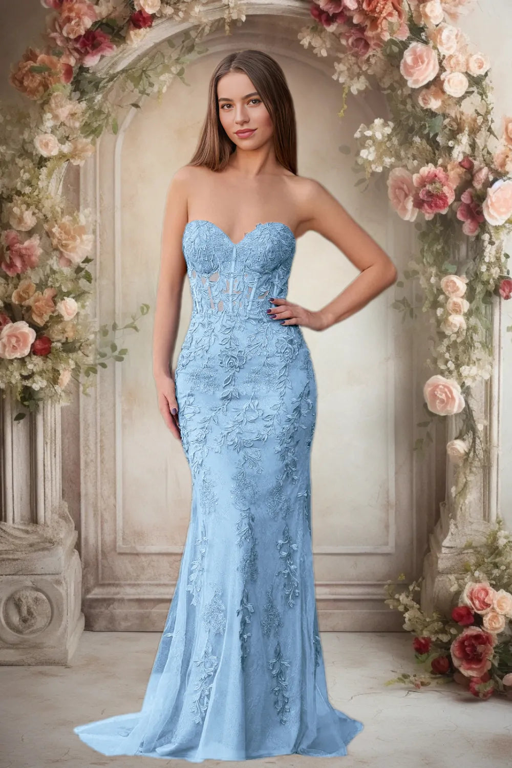 Dressime Lace Sweetheart Sleeveless Mermaid Appliques Prom Dresses