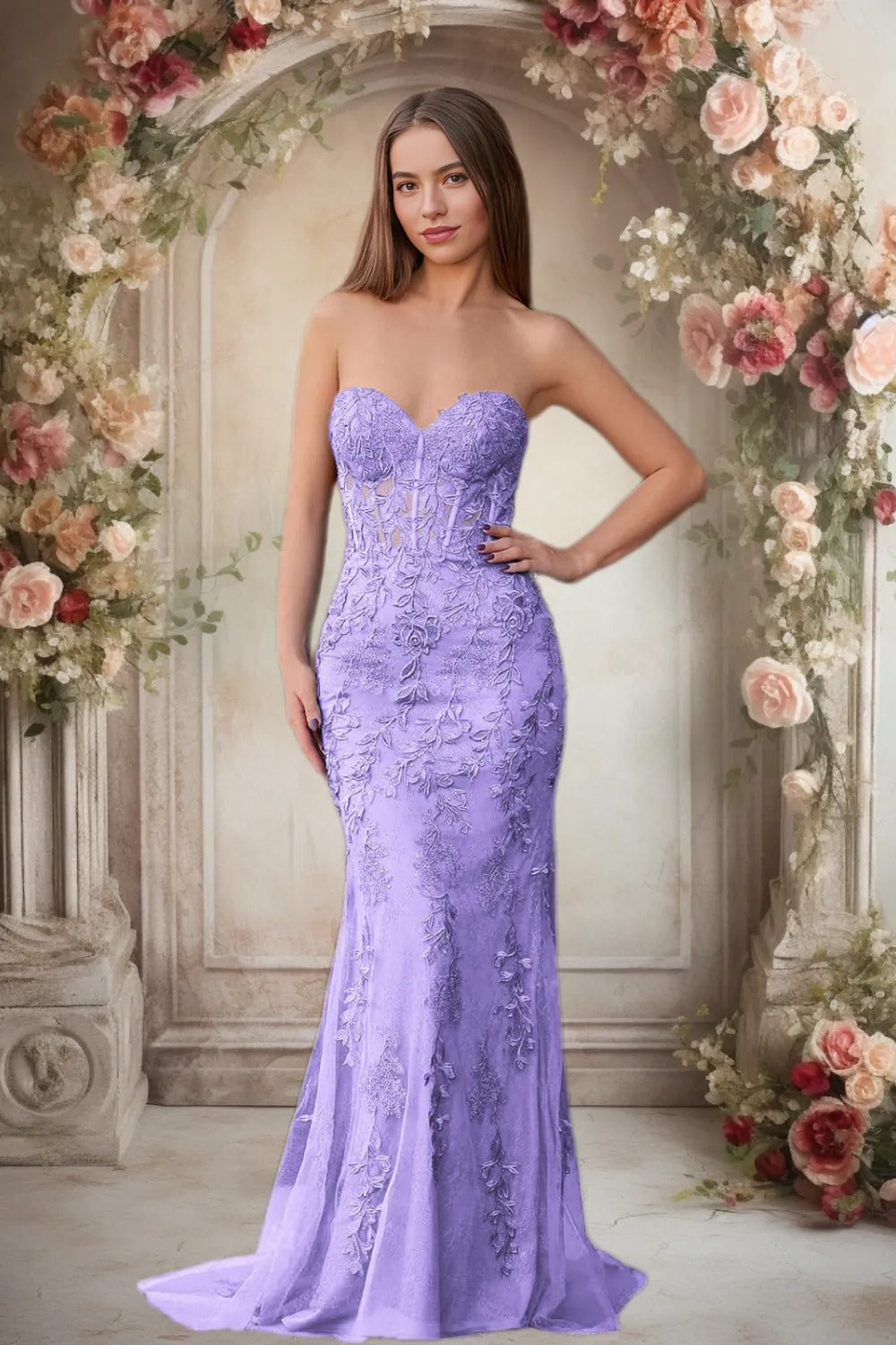 Dressime Lace Sweetheart Sleeveless Mermaid Appliques Prom Dresses