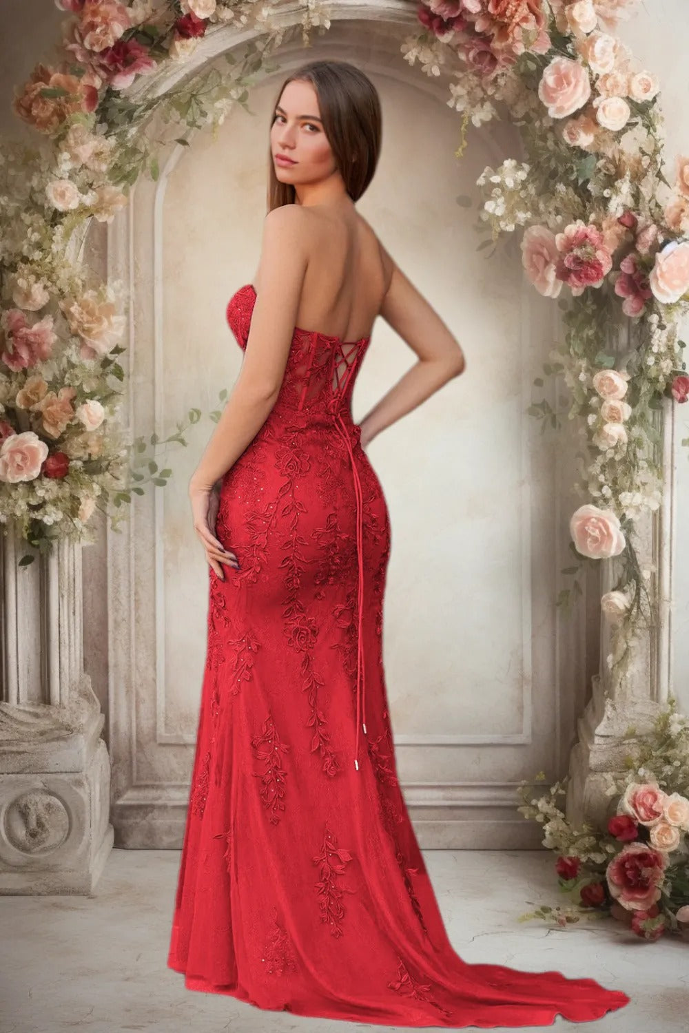 Dressime Lace Sweetheart Sleeveless Mermaid Appliques Prom Dresses
