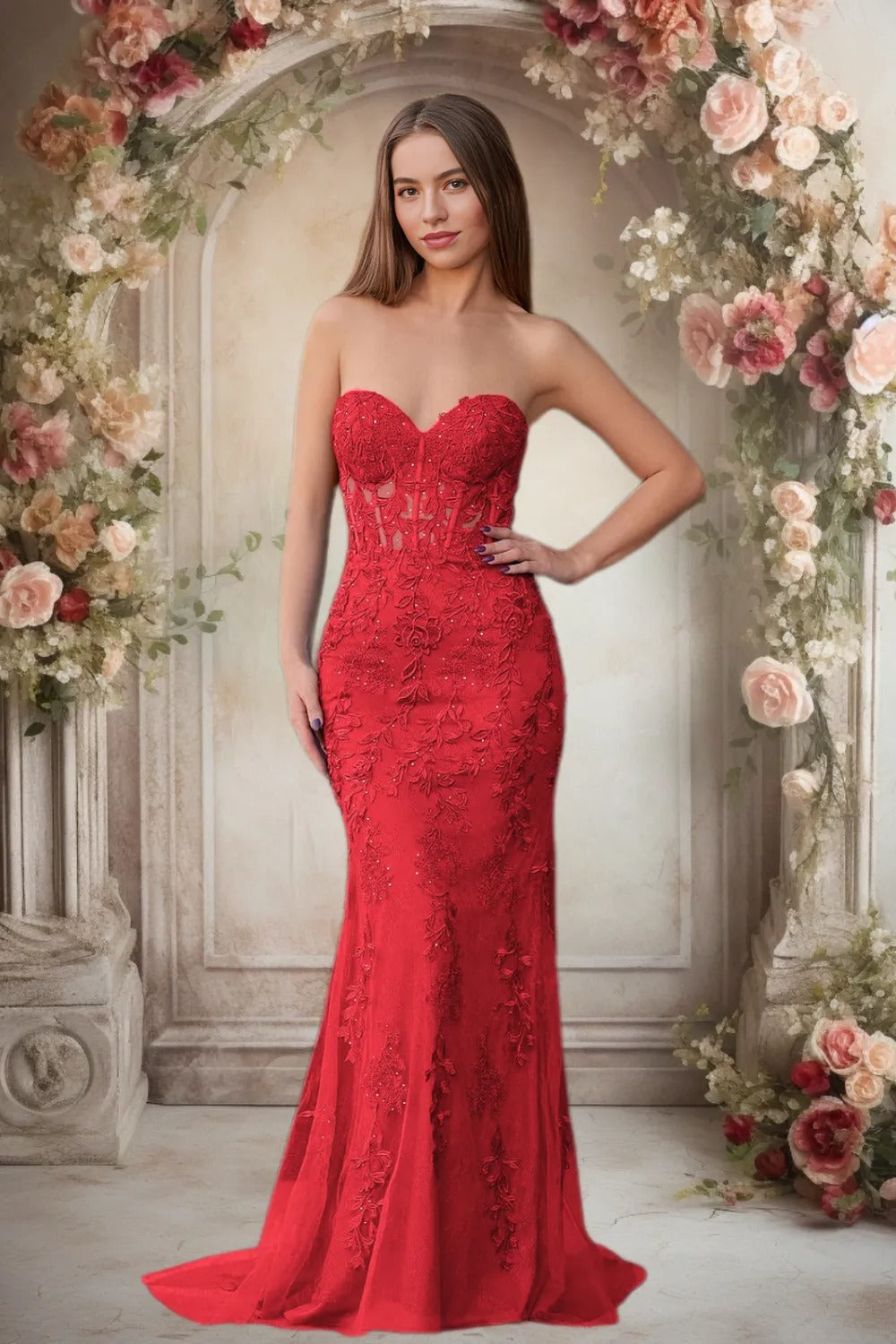 Dressime Lace Sweetheart Sleeveless Mermaid Appliques Prom Dresses