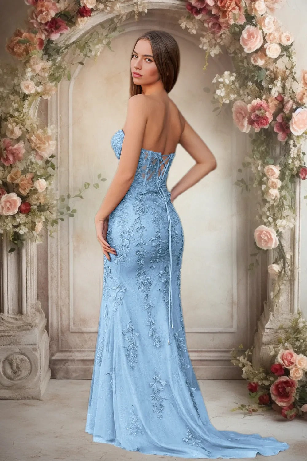 Dressime Lace Sweetheart Sleeveless Mermaid Appliques Prom Dresses