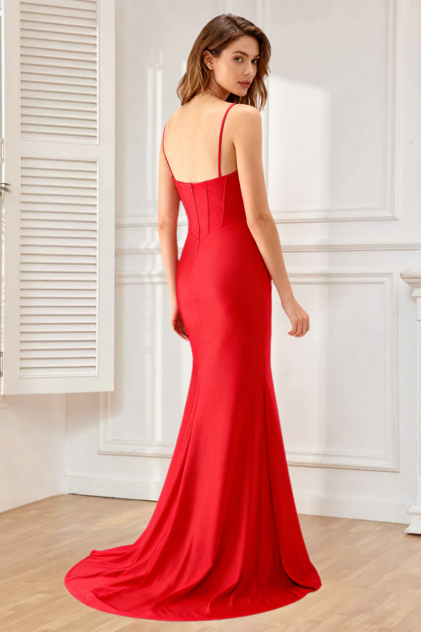 Dressime Mermaid Corset Spaghetti Straps Ruched Satin Long Prom Dress