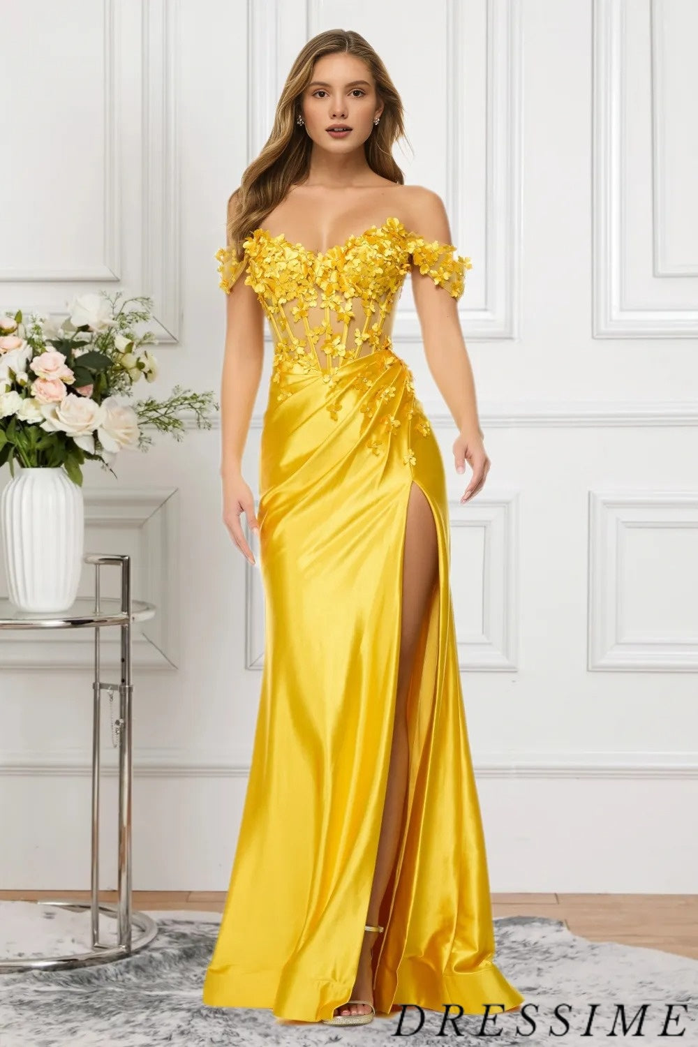 Dressime Women Yellow Prom Dress Mermaid Off The Shoulder Satin Slit Long Formal Dress With Flower dressime Dressime Women Yellow Prom Dress Mermaid Off The Shoulder Satin Slit Long Formal Dress With Flower dressime