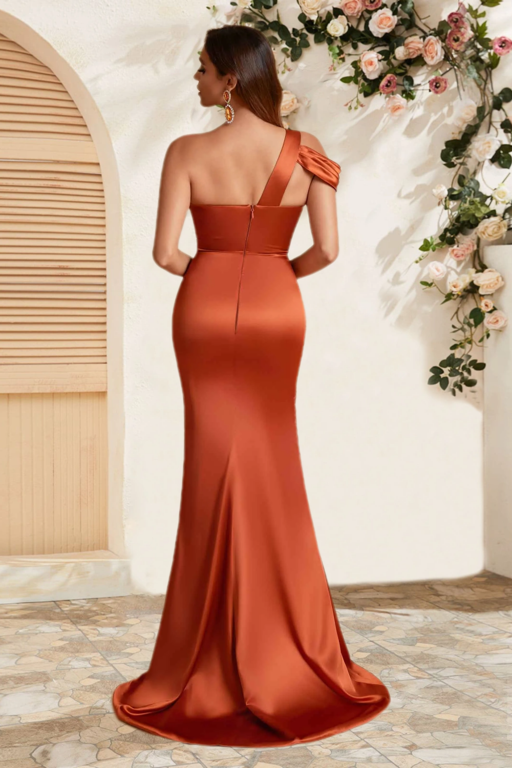 Dressime Mermaid Soft Satin Sweetheart One Shoulder Side Slit Bridesmaid Dress