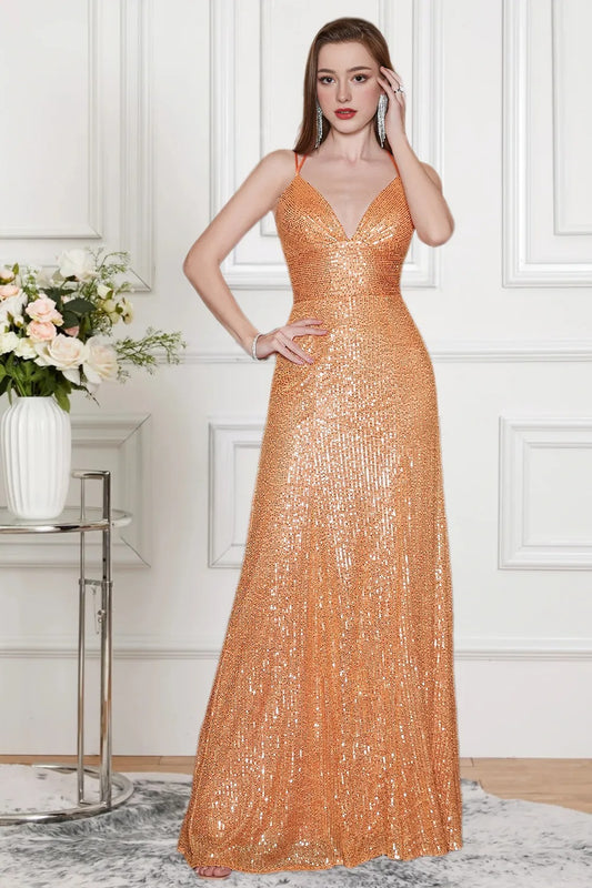 Dressime Sparkly Mermaid Spaghetti Straps Sequin Long Formal Dress With Slit