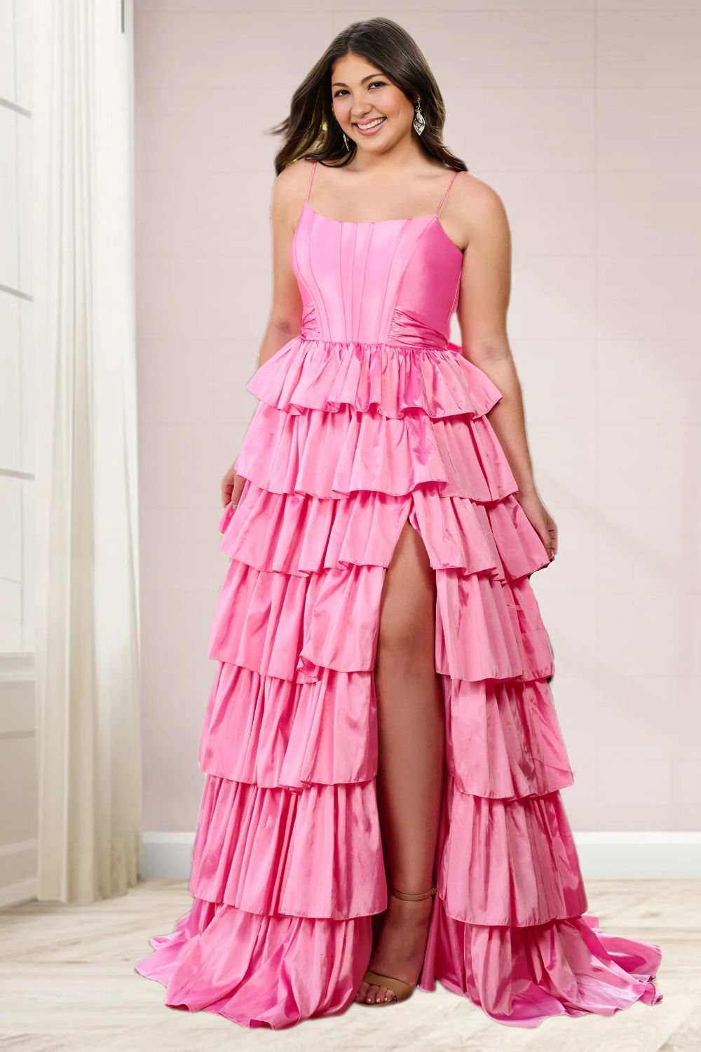 Dressime Women Sparkly Pink Plus Size Prom Dress A Line Spaghetti Straps Satin Tiered Evening Dress With Bow dressime Dressime Women Sparkly Pink Plus Size Prom Dress A Line Spaghetti Straps Satin Tiered Evening Dress With Bow dressime