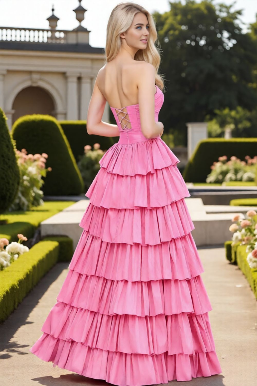 Dressime Popular A Line Strapless Satin Ruffles Long Tiered Prom Dress With Slit