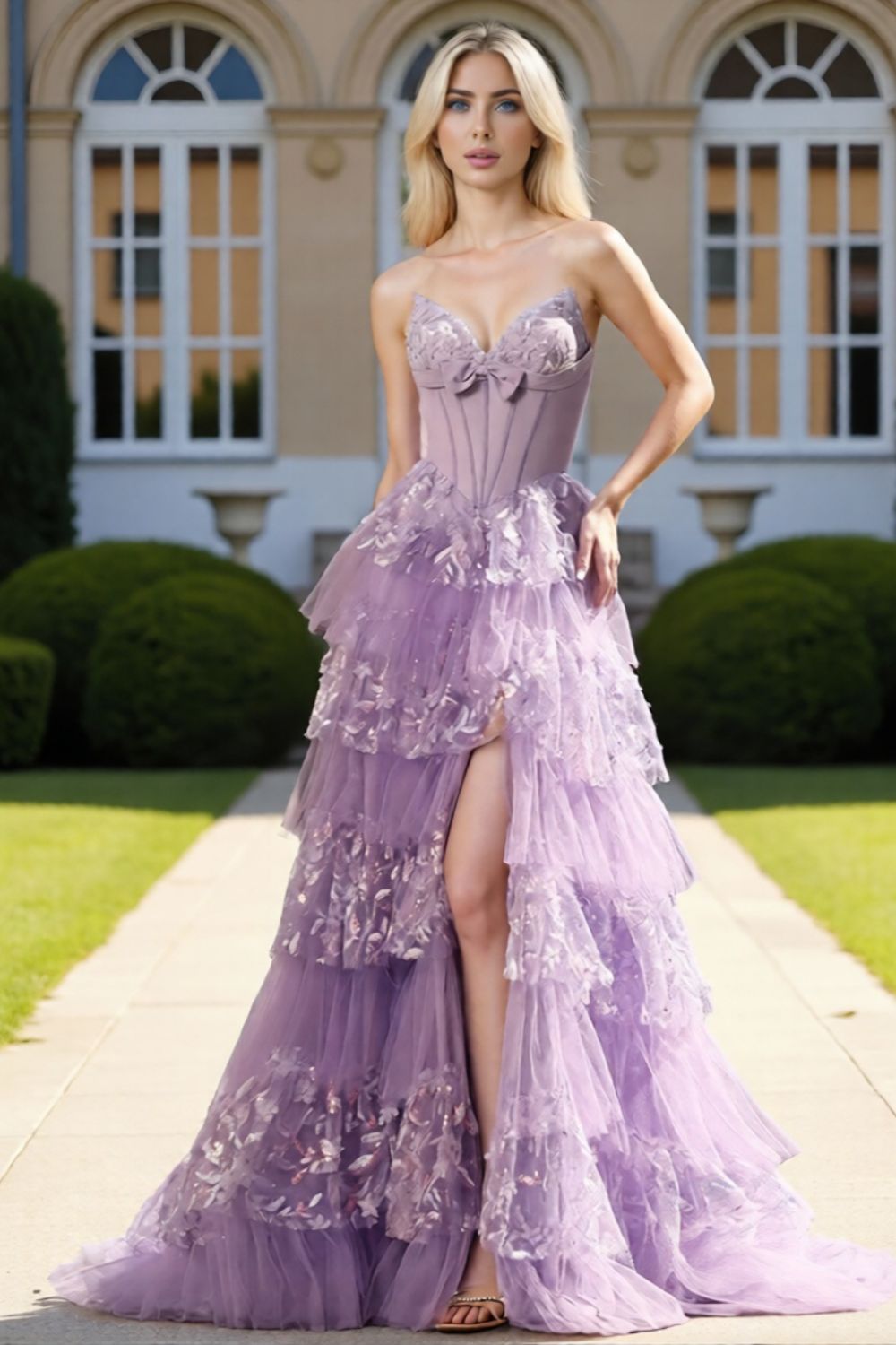 Dressime Romantic A Line Sweetheart Corset Ruffles Tiered Long Prom Dress With Sequins