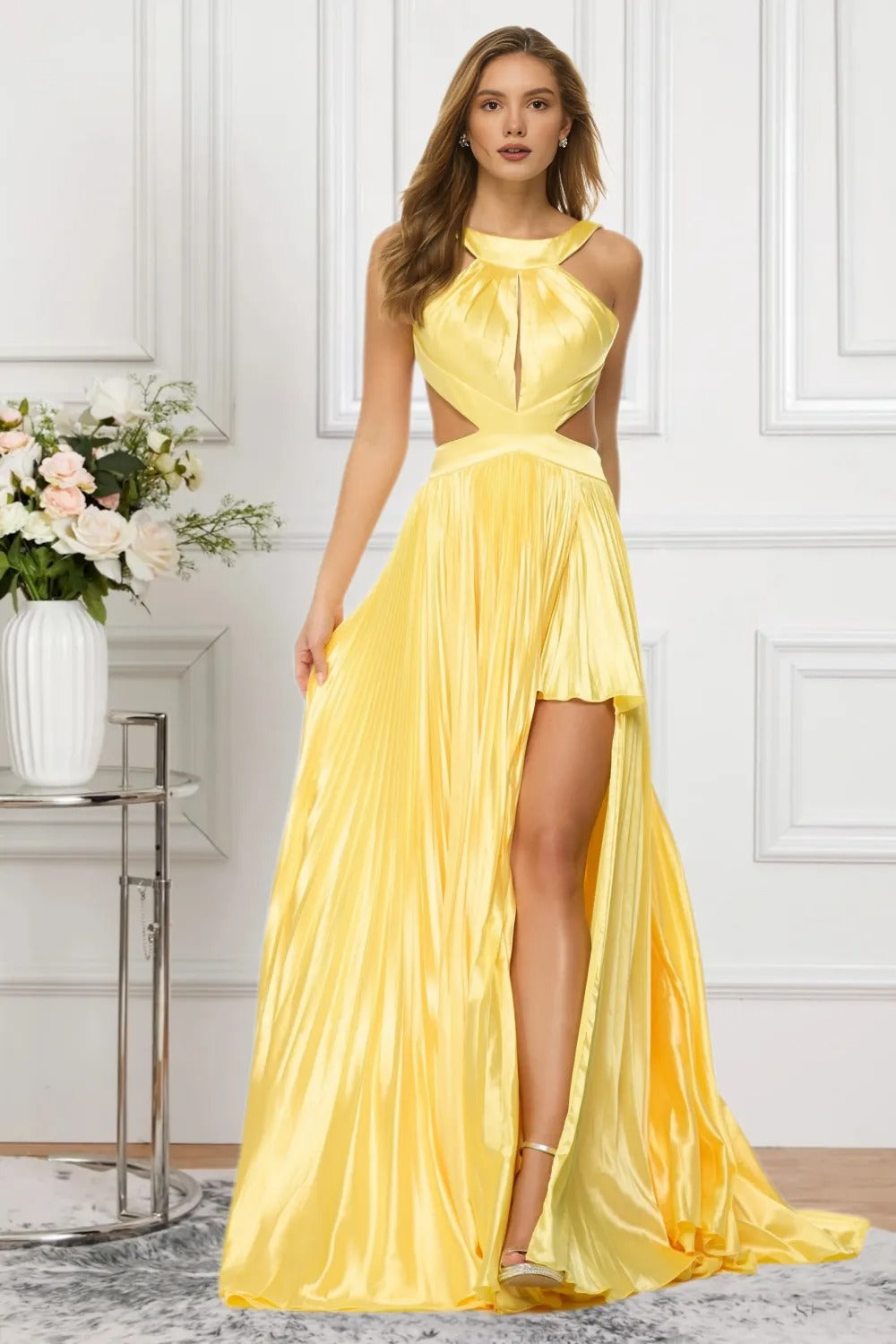 Dressime Women's Yellow Prom Dress Sexy A Line Halter Satin Keyhole Pleated Evening Dress dressime Dressime Women's Yellow Prom Dress Sexy A Line Halter Satin Keyhole Pleated Evening Dress dressime