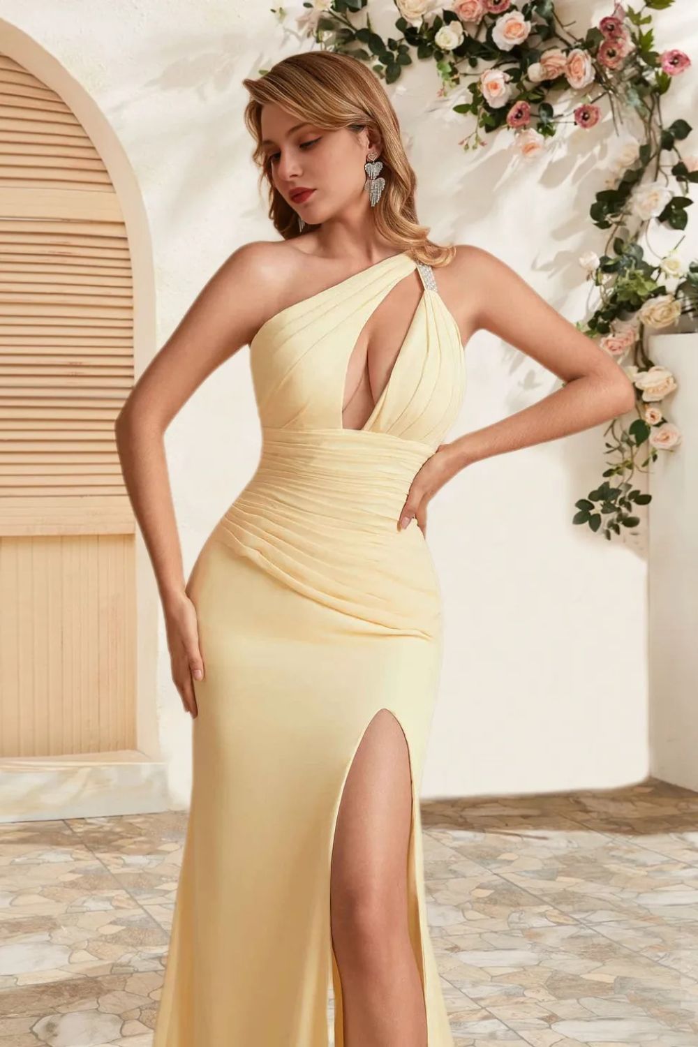 Dressime Sexy Mermaid One Shoulder Beaded Keyhole Long Bridesmaid Dress