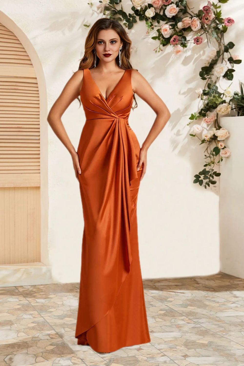 Dressime Sexy Sheath V Neck Satin Long Bridesmaid Dress With Train